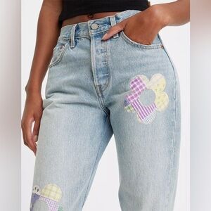 Levi's 501 Premium Light Blue High Rise Jeans Floral‎ Daisy Patchwork Size 28